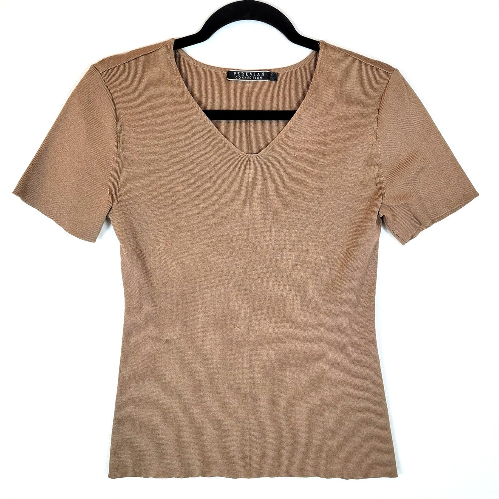 Peruvian Connection Womens Pima Cotton Ribbed Knit Top Size Small Brown